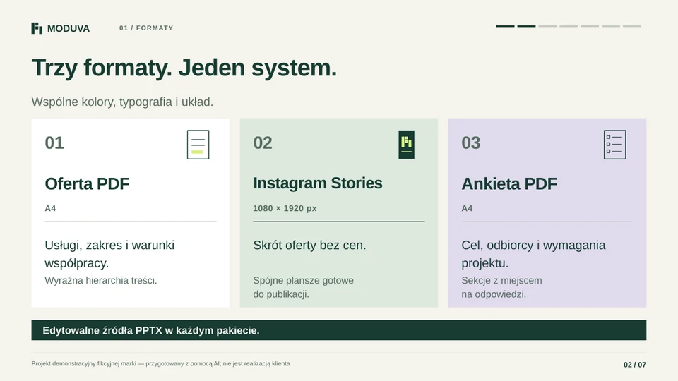 Slajd z prezentacji MODUVA pokazujący ofertę PDF, Instagram Stories i ankietę PDF.