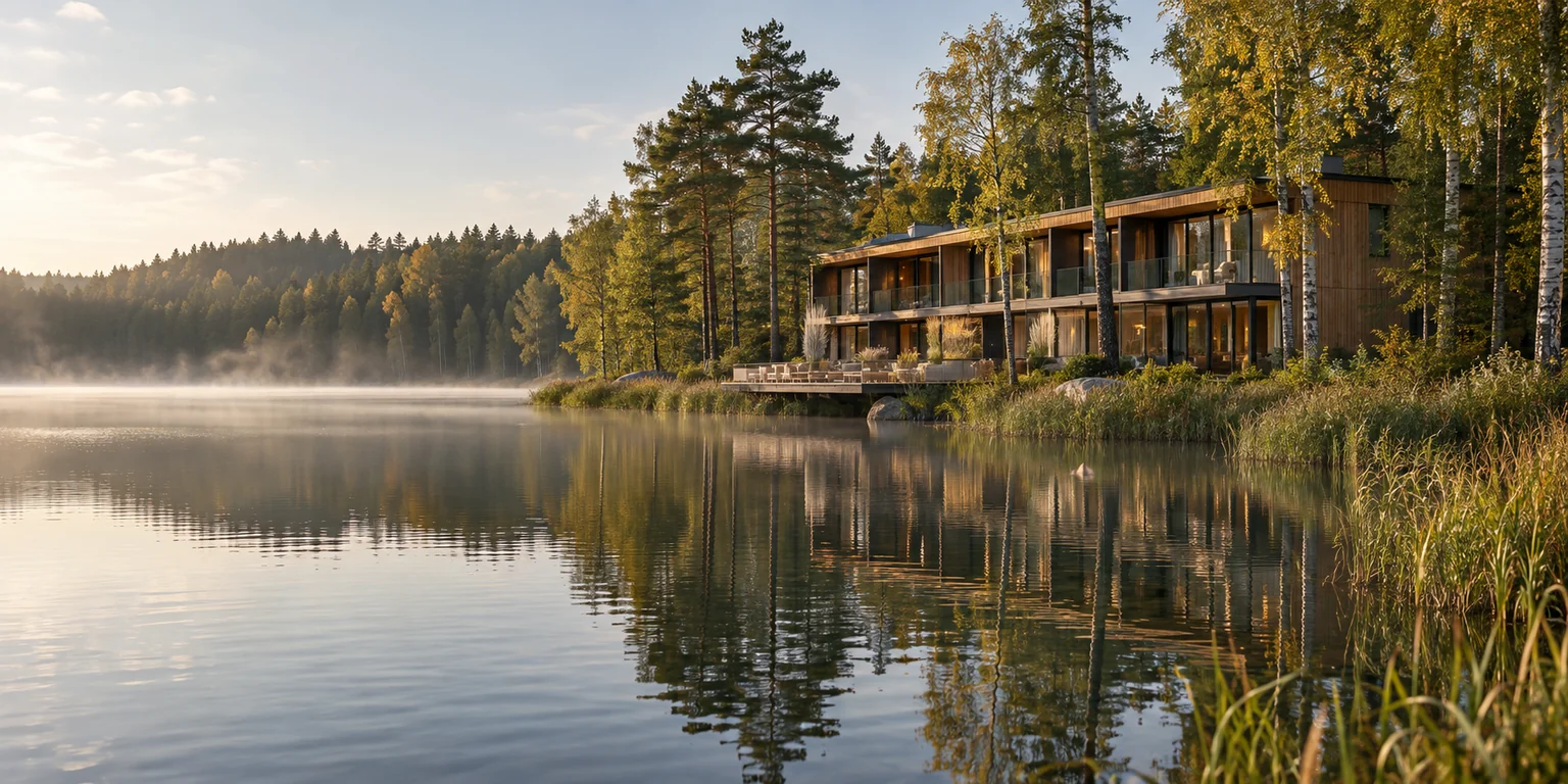 Wizualizacja koncepcyjnego hotelu nad jeziorem dla fikcyjnej marki MIEDZORA