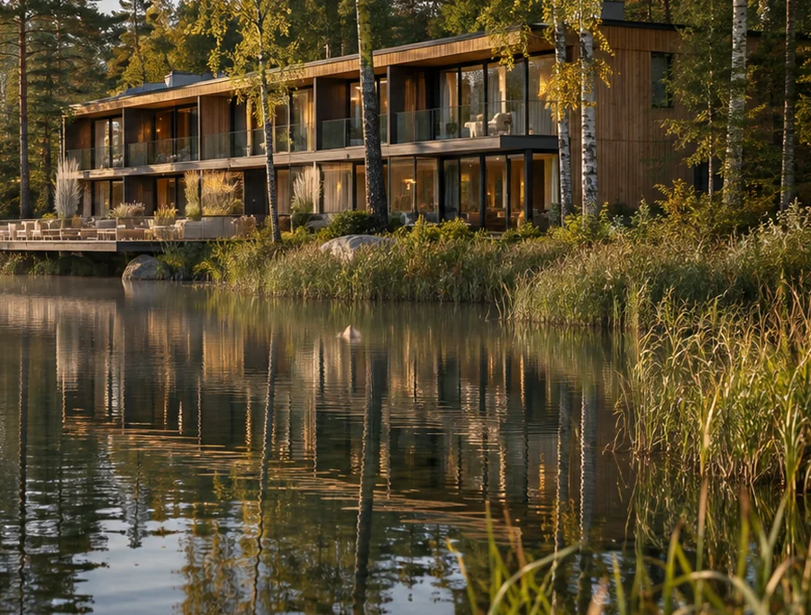 Zbliżenie tej samej koncepcyjnej wizualizacji Tafli: drewniany hotel, brzozy i pas trzcin nad jeziorem.